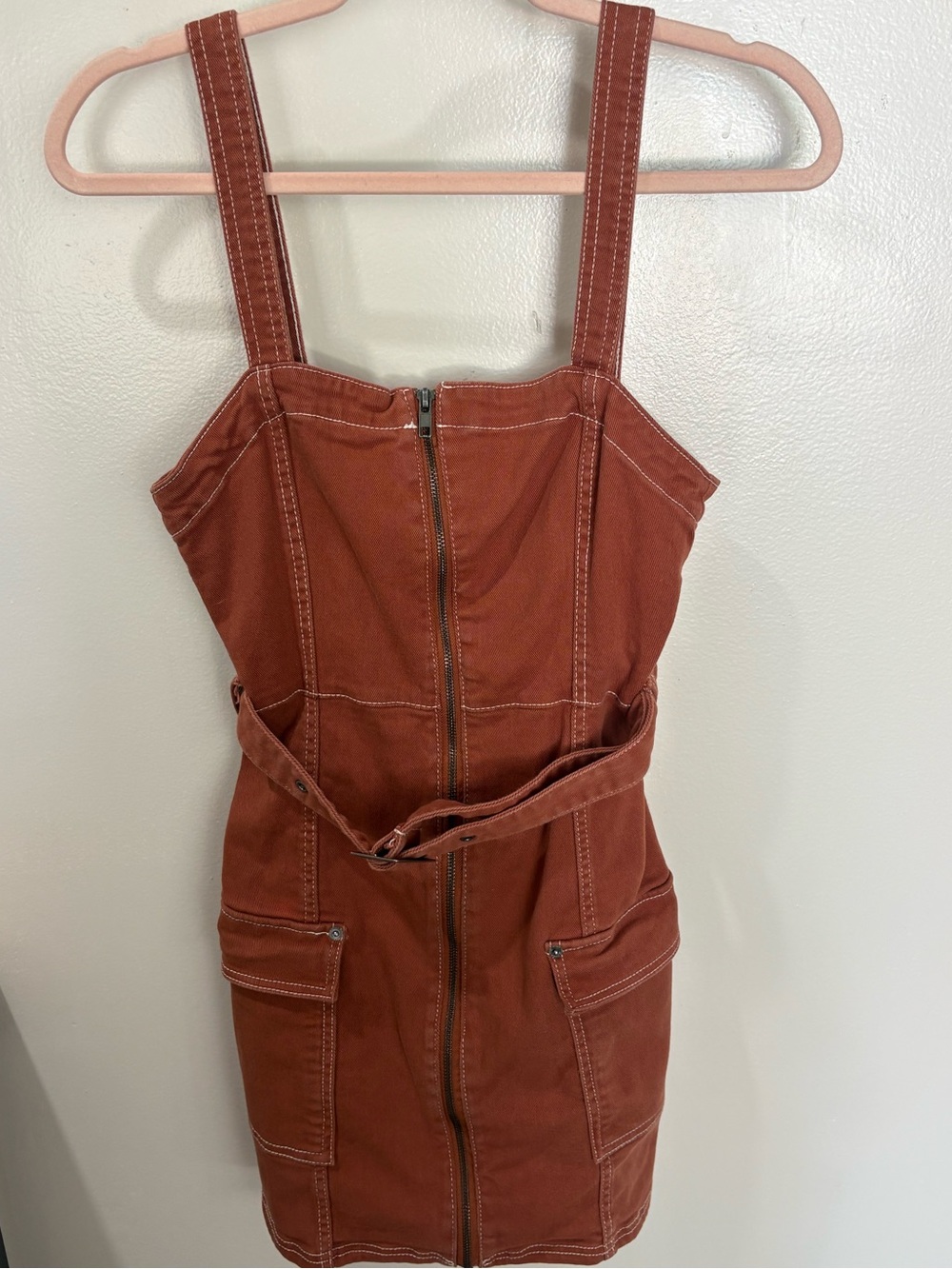 H&M Divided Rust Brown Denim Cargo Utility Mini Dress Belted Zip Front Size S